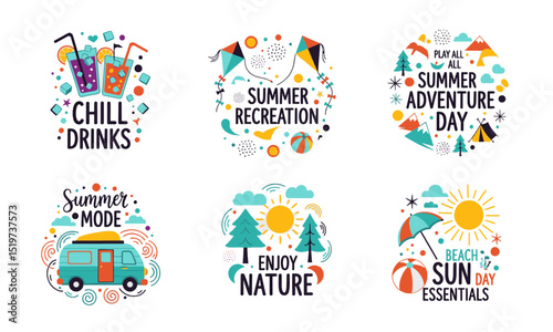 Dynamic Summer Emblems: Celebrating Chill Out Vibes, Outdoor Adventures, and Beach Days