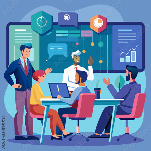 Busy corporate office with diverse teams brainstorming, collaborating, and working on digital devices in bright, modern workspaces, highlighting innovation, teamwork, and productivity.