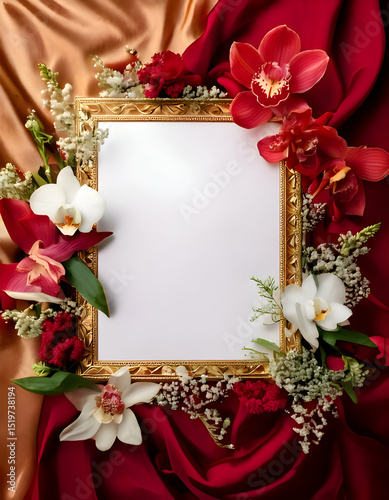 A decorative frame surrounded by vibrant flowers on a rich fabric backdrop.