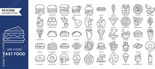 Fast food line editable icon set. Containing burger, pizza, hot dog, donut, french fries, sandwich, ice cream, taco, nachos, burrito and more. Vector illustration