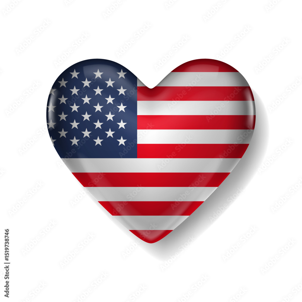 Heart-shaped icon with the United States flag, symbolizing love, patriotism, and national pride. Isolated on white background. Heart-shaped icon with the United States flag, symbolizing love, patriotism, and national pride. Isolated on white background.