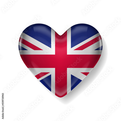 Glossy heart-shaped icon with the United Kingdom flag, symbolizing love for Britain or British culture, isolated on white background.