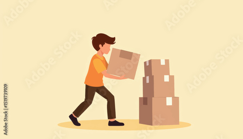 Boy helping carry boxes, teamwork and assistance