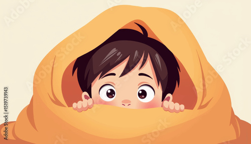 Curious boy peeking from under blanket, childhood innocence