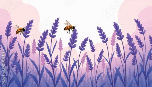 Lavender flowers with buzzing bees in serene landscape, nature's harmony