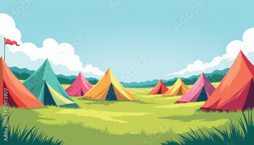 Colorful tents on Glastonbury Festival field, vibrant celebration