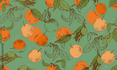 Seamless pattern. Ripe tangerines with green leaves on a green background. It can be used to create fabrics and packaging.