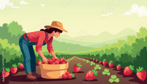 Farmer harvesting strawberries in lush fields, seasonal abundance