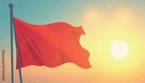 Vibrant red flag fluttering in sunlight, symbol of freedom