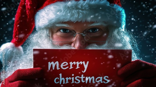 Santa claus wishing merry christmas while snowing