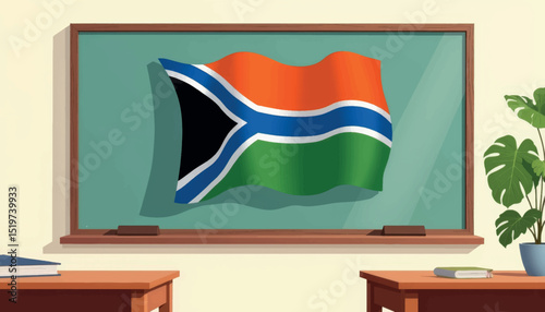 South African flag displayed in classroom, education and patriotism