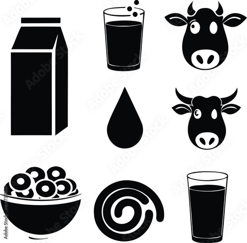 Vector black silhouette icon set of dairy and breakfast elements including milk carton, cereal bowl, cow face, milk droplet, and drink glass ideal for food, farming, breakfast, and nutrition themes