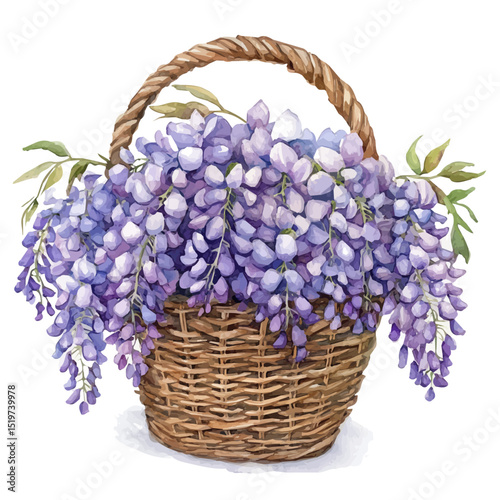 watercolor vector of A Wisteria Flower Basket, high quality, isolated on a white background.