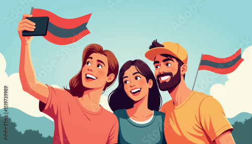 Joyful friends taking a selfie with flags outdoors, celebration spirit