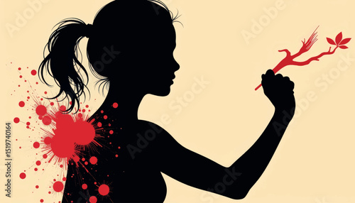Empowered girl painting black fist silhouette with red accents, activism