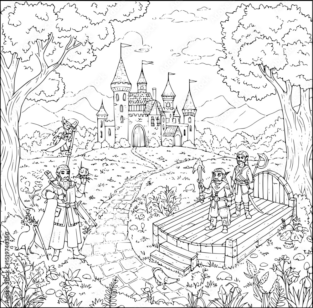 Naklejka premium Vintage vector illustration of fairy tale world with castle, church and houses