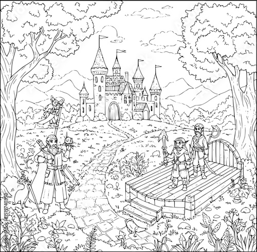 Vintage vector illustration of fairy tale world with castle, church and houses