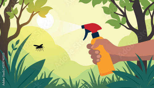 Hand spraying insect repellent in lush greenery, outdoor protection