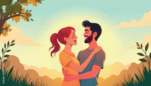 Laughing queer couple embracing outdoors at sunset, love and happiness
