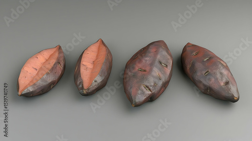 Four Ceramic Potato Shaped Sculptures In Gray Background