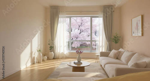 A cozy living room featuring a white couch and a large window letting in natural light, Generative AI.