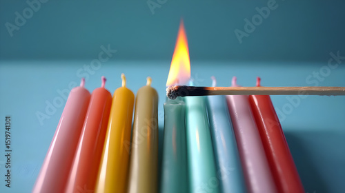 Colorful Candles with One Ignited Flame and Matchstick in Focus