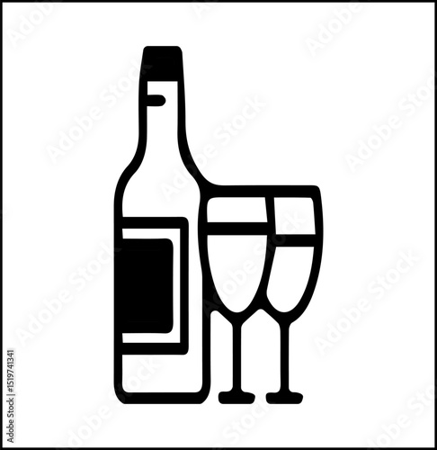 The image shows a simple black and white vector illustration of a wine or liquor bottle accompanied by two wine glasses.