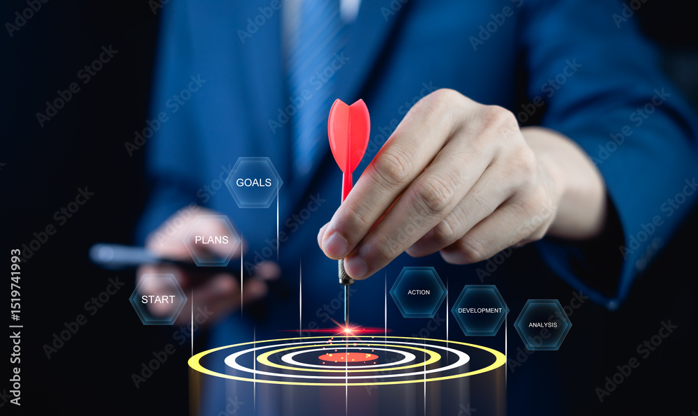 Αυτοκόλλητο Setting business goals and planning strategies, conducting business sustainably in the future, preparing annual budgets for business operations objectives, concepts of success and business goals