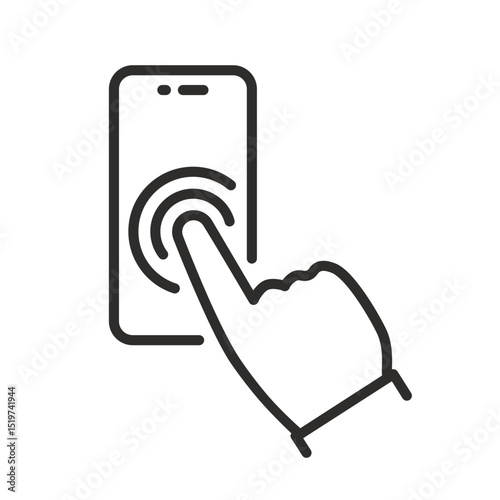 finger click phone icon, touch screen, hand operating a smartphone, simple symbol, mobile app, linear vector illustration