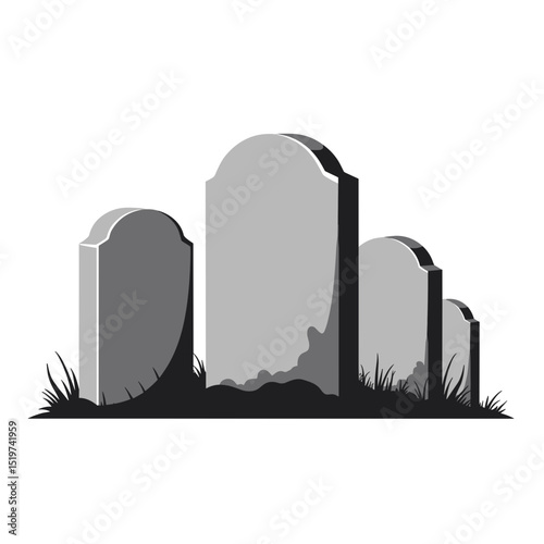 Gravestones in cemetery with grass. Simple gravestone illustration shows three headstones of different sizes.  Headstones are gray and placed on ground with green grass.