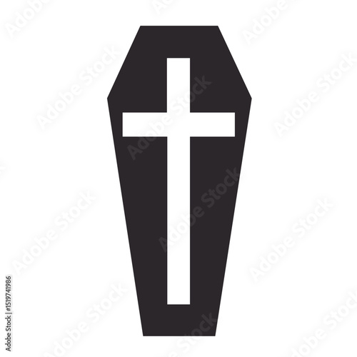 Simple black coffin with white cross.  Coffin symbol represents remembrance and grief.  Image depicts traditional funeral symbol perfect for funeral service announcements or sympathy cards.