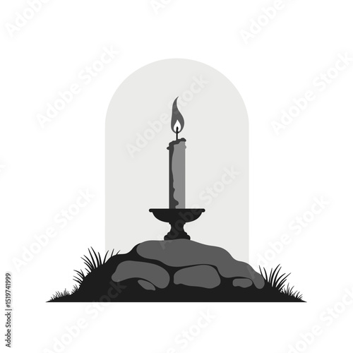 Burning candle on stone, remembrance symbol, lit candle on rock, somber funeral scene.  Candle flame glows in protective glass dome, placed on rocky ground amidst grass.