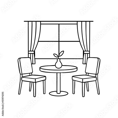 Dining table with chairs and window line icon