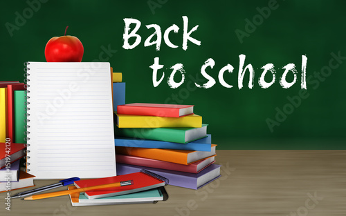 Back to school. Green chalkboard background. School supplies. Stacks of books with notepad, stationery and apple on blackboard background. Copy space, place for text. 3D render, 3d Illustration