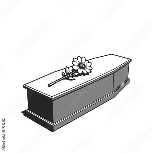 Funeral arrangements include simple wooden coffin and delicate flower.  Solemn funeral concept for memorial service announcement or sympathy card.