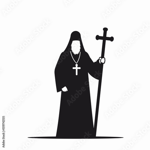 Religious patriarch figure with cross.  Orthodox priest silhouette illustration.  Spiritual leader concept image suitable for funeral services or memorial materials.