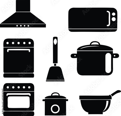 Vector black silhouette icon set of cooking tools and kitchen appliances including stove, hood, microwave, pot, wok, spatula, and pressure cooker ideal for food preparation and home cooking design