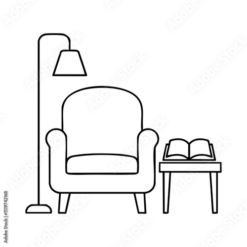 Reading corner with armchair, lamp and table icon