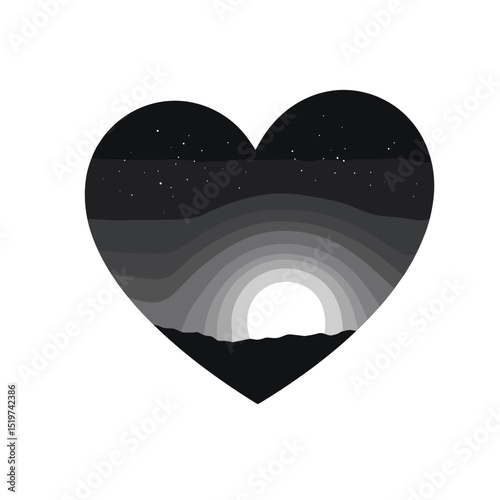 Heart shaped landscape with night sky and moon. Serene grayscale image showing moonrise over rolling hills inside heart shape. Peaceful night scene evokes feelings of remembrance and loss