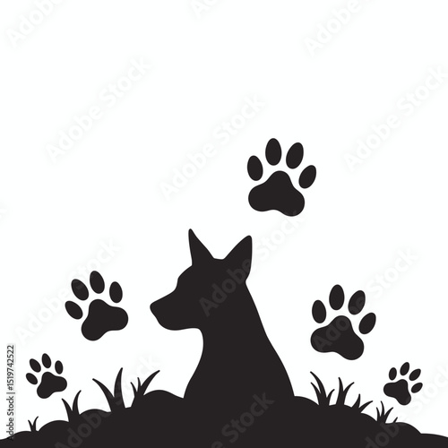 Silhouette of dog sitting in grass with paw prints. Pet memorial design shows dog silhouette surrounded by paw prints in grass.