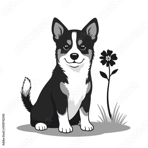 Adorable black and white chihuahua puppy sitting near flower. This small dog breed, known for its affectionate nature, is perfect for pet remembrance cards.