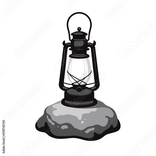 Old kerosene lamp on gray stone. Antique oil lamp with glass shade and metal body sits on rock. Kerosene lamp design perfect for funeral memorial, pet loss announcement, or sympathy card.