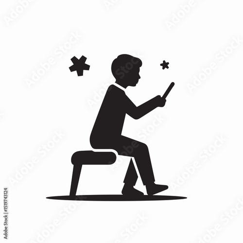 Person sitting on bench using smartphone. Person is calmly looking at screen. Simple black silhouette of person on bench, perfect for websites, blogs, and apps related to grief, loss, or remembrance.