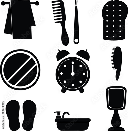 Vector black silhouette icon set of bathroom and grooming essentials including comb, mirror, slippers, towel, sink, and alarm clock — ideal for personal hygiene, daily routine, and lifestyle design