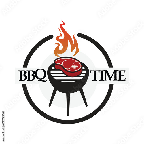 Barbecue grill themed label design template with text, BBQ time sign emblem