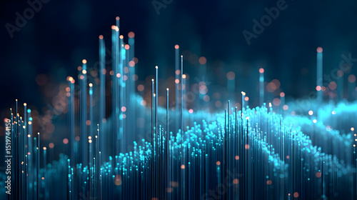 Abstract Blue Light Particles with Glowing Wave Patterns in 3D