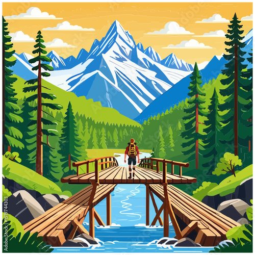 A hiker walking across a wooden bridge in a scenic mountain landscape.