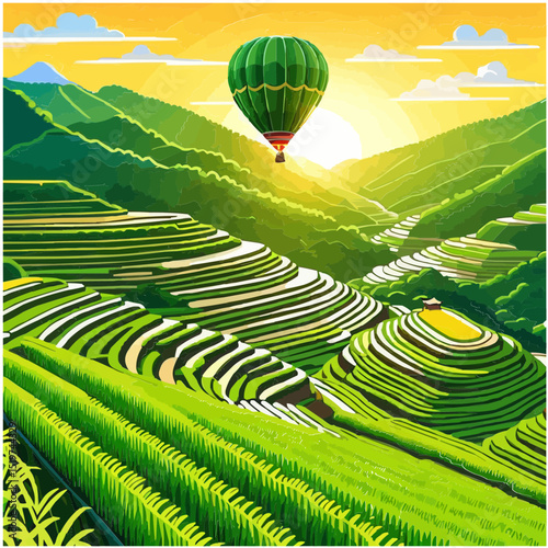 A scenic illustration showcasing a green hot air balloon floating above terraced fields.