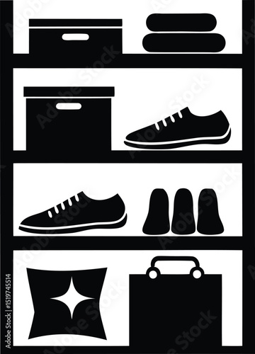 Vector black silhouette illustration of a storage shelf containing shoes, boxes, pillows, towels, and bags perfect for home organization, storage, closet system, and retail display design