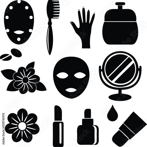 Vector black silhouette icon set of beauty and skincare tools including facial masks, flowers, mirror, makeup tube, dropper, lipstick, and brush perfect for wellness, salon, and cosmetic designs